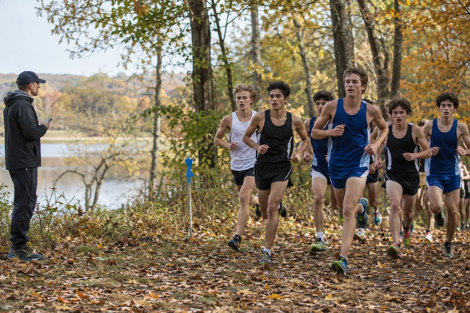 A pack of cross country runners passes a coach at a course checkpoint in a fictional editorial scene.